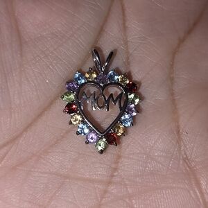 Heart-Shaped 'Mom' Pendant with Multicolor Gemstones